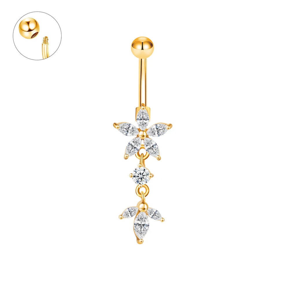 Piercing pour nombril ALIZÉ - Fleurs pendantes de strass en acier inoxydables