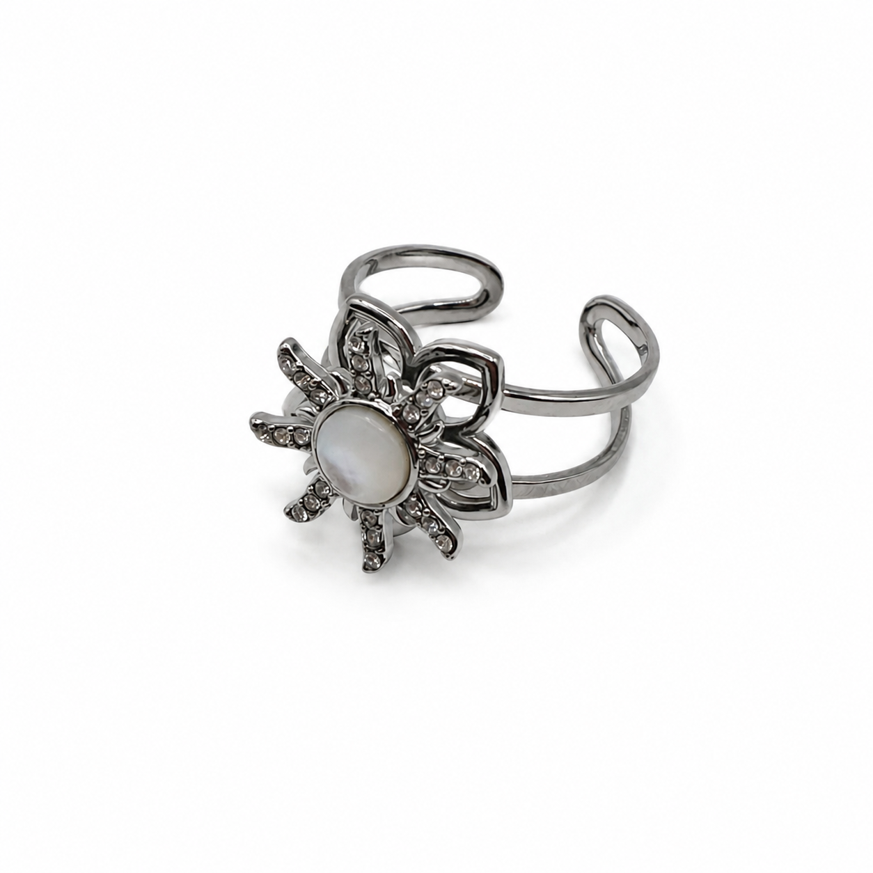 Bague SOLINE – Soleil rotatif anti-stress avec strass en acier inoxydable