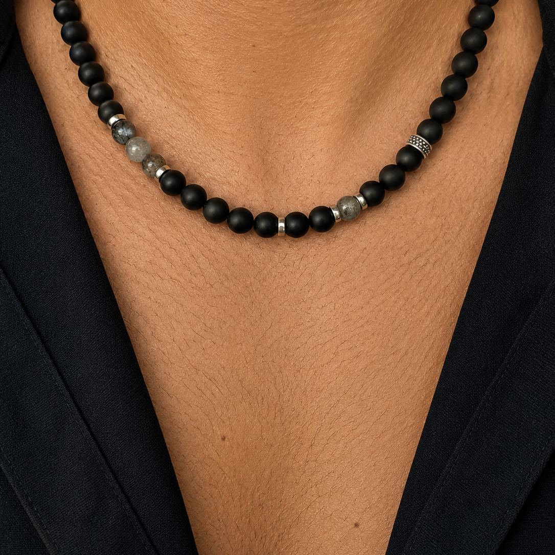 Collier GABRIEL - Perles d'Onyx, Quartz et acier inoxydable
