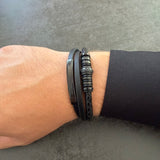 Bracelet LUCAS – en acier inoxydable noir et cuir véritable