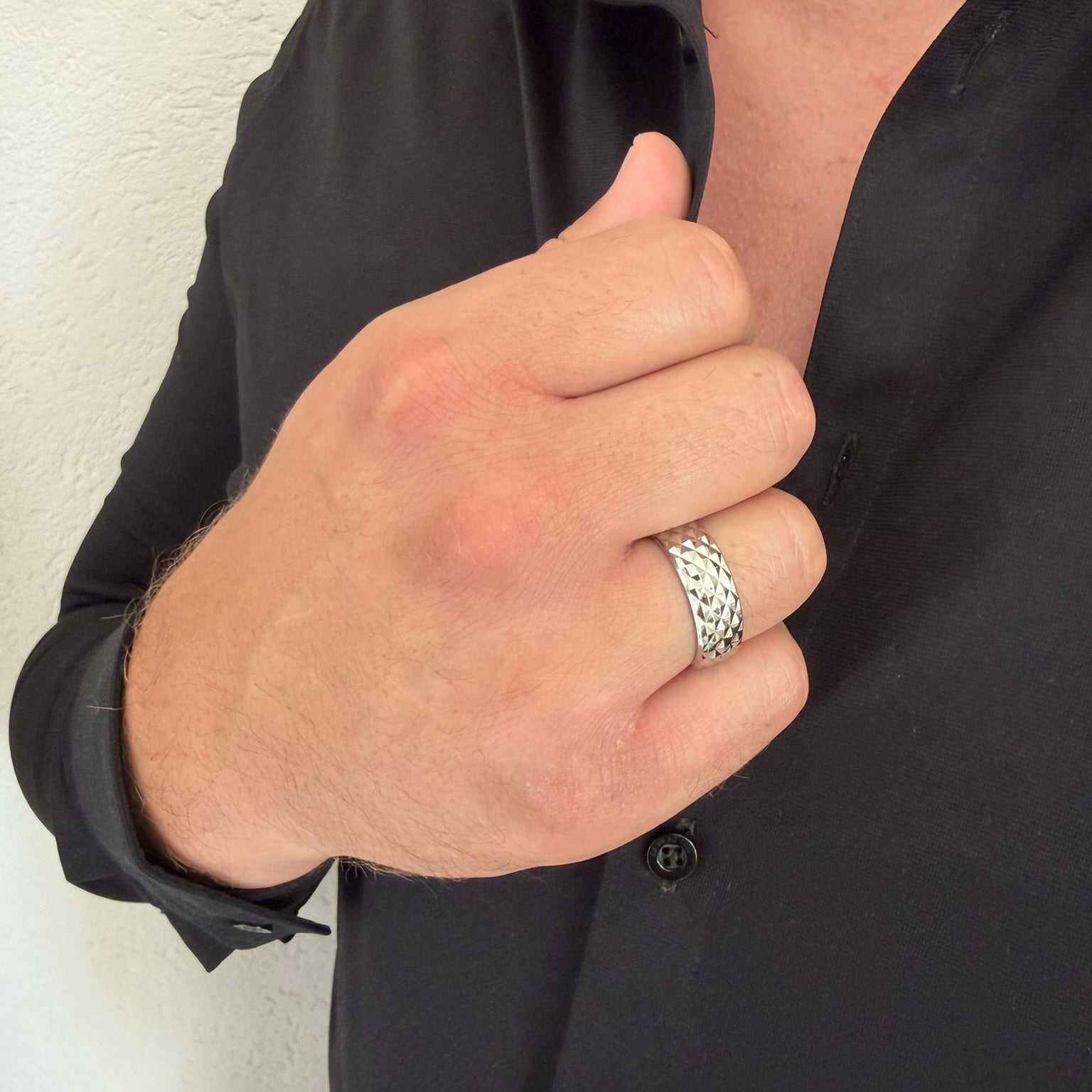 Bague ELIO - Acier inoxydable argenté texturé