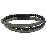 Bracelet HUGO - Cuir gris, pierres de lave et acier inoxydable noir